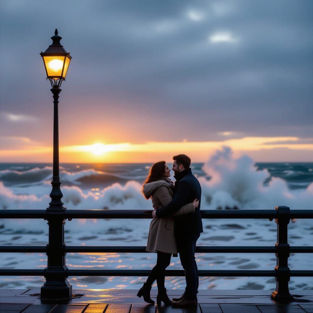 Stormy Seaside Embrace at Sunset