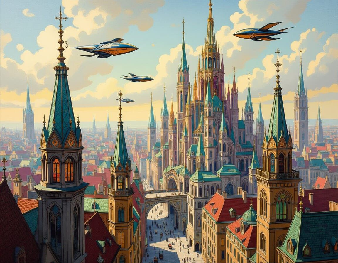 Art Nouveau Cityscape with Flying Vehicles