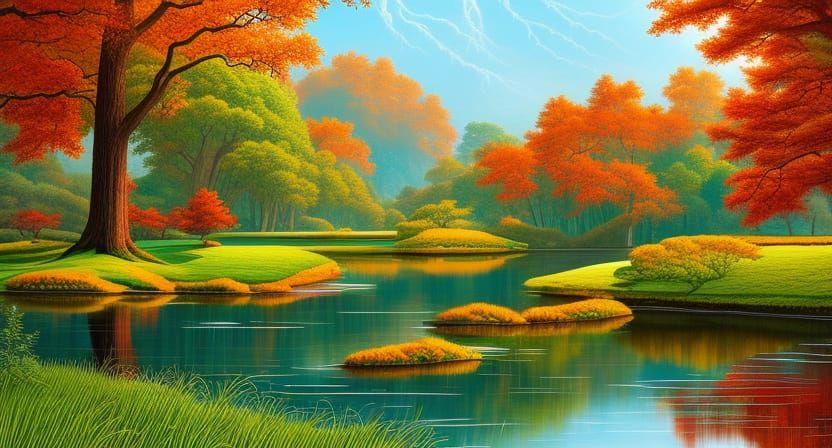 Autumn Oak Tree by Lake: Watercolor Landscape