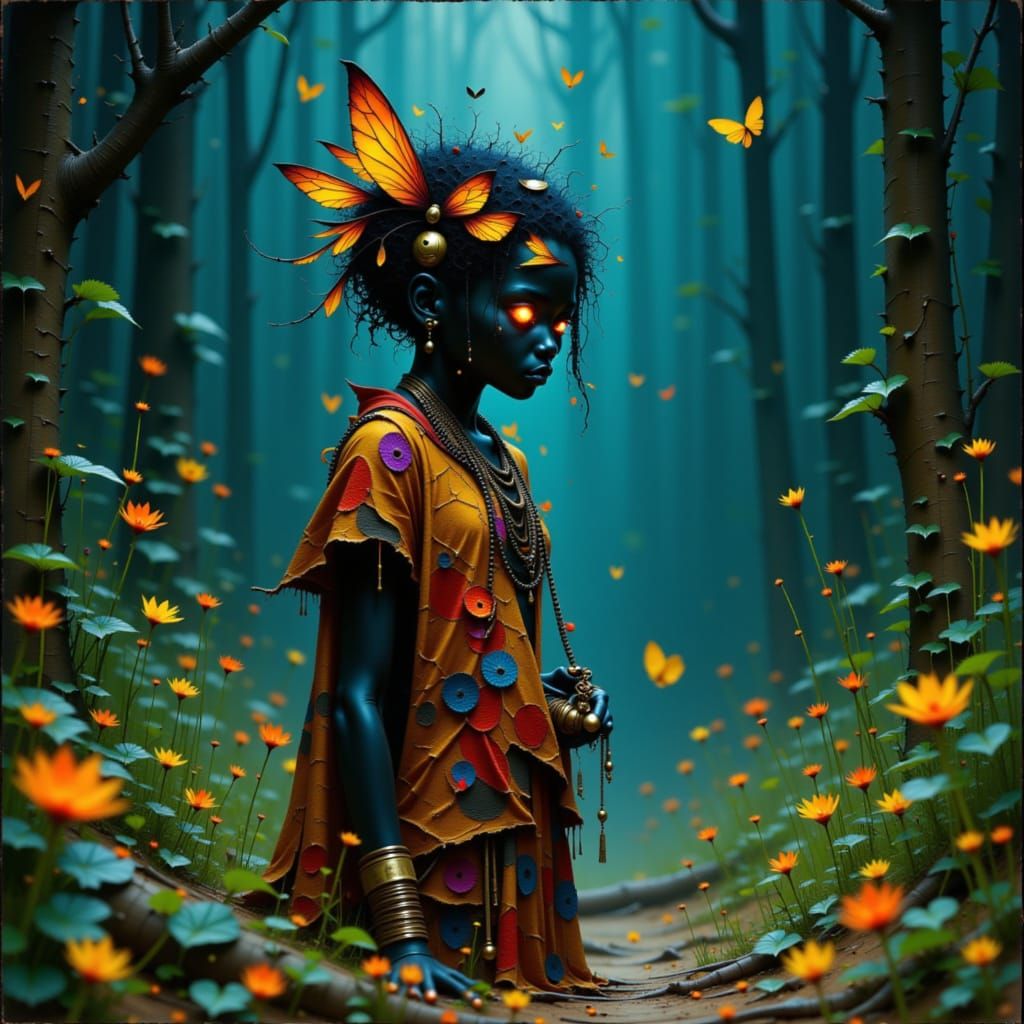 Firefly Humanoid in Ewe Attire in Dark Forest