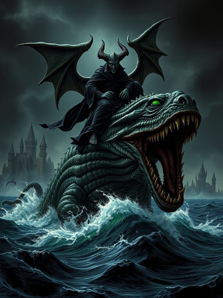Dark Fantasy Horror Poster: Nazgul Rides Sea Monster