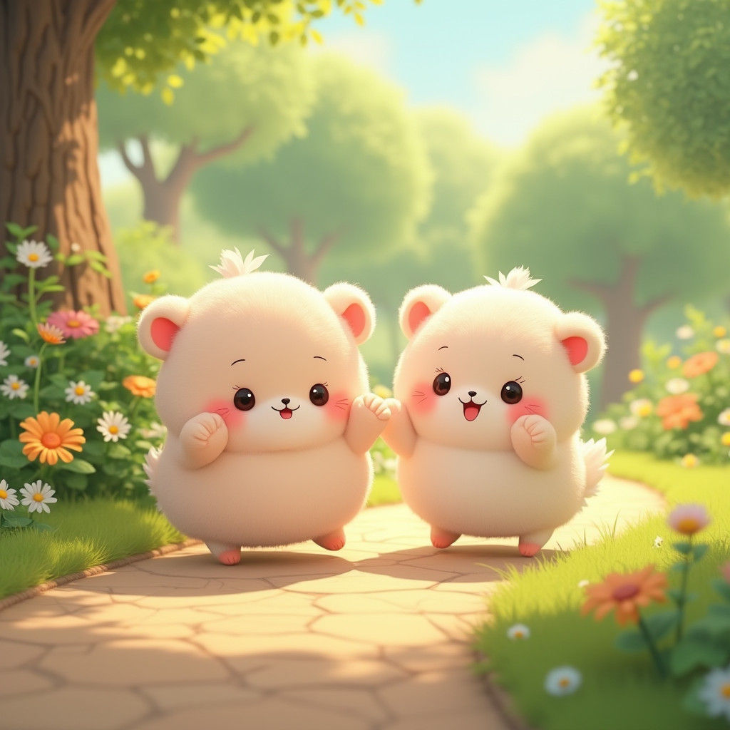 Adorable Fluffy Creatures Play in Lush Garden