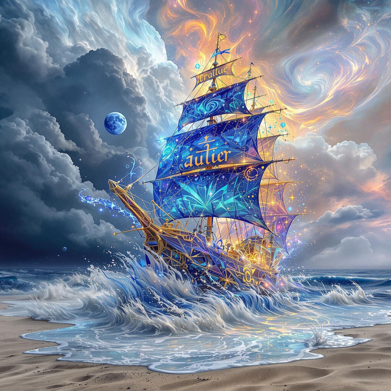 Surreal Pirate Ship Radiates Fractal Glow in Celestial Battl...