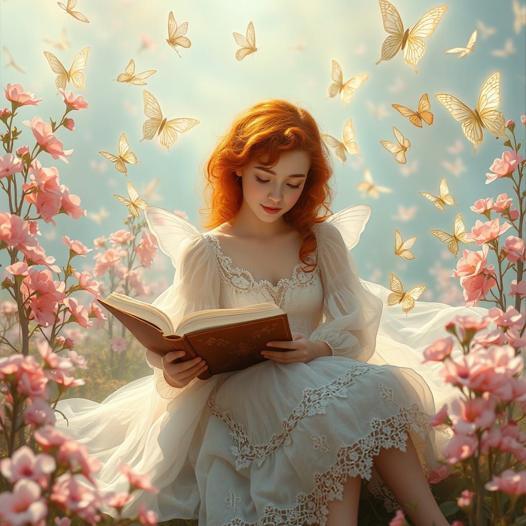 Whimsical Red-Haired Woman in a Dreamlike Garden