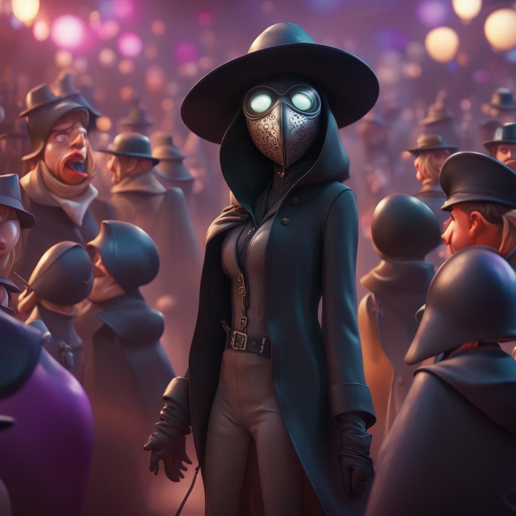 Plague Doctor Lady Commands Crowd: 3D Digital Art