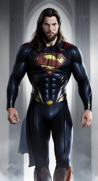 David Corenswet with a 2 day beard, and long hair, wearing Black and Silver SuperMan suit.