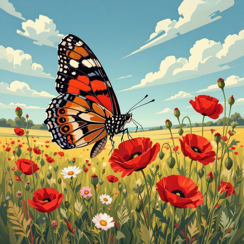 Art Deco Butterfly in a Wildflower Meadow