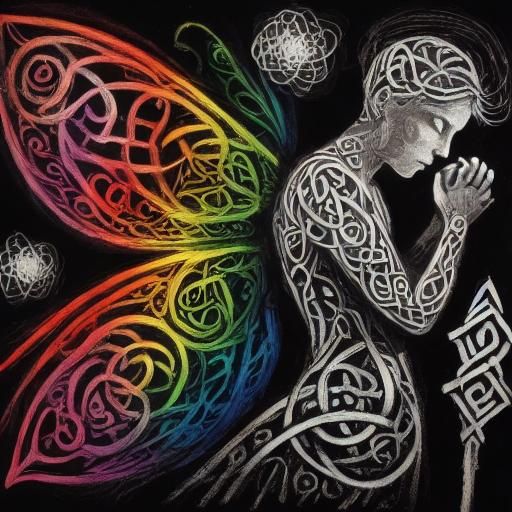 Celtic Knotwork Raven Silhouette with Rainbow Fairy