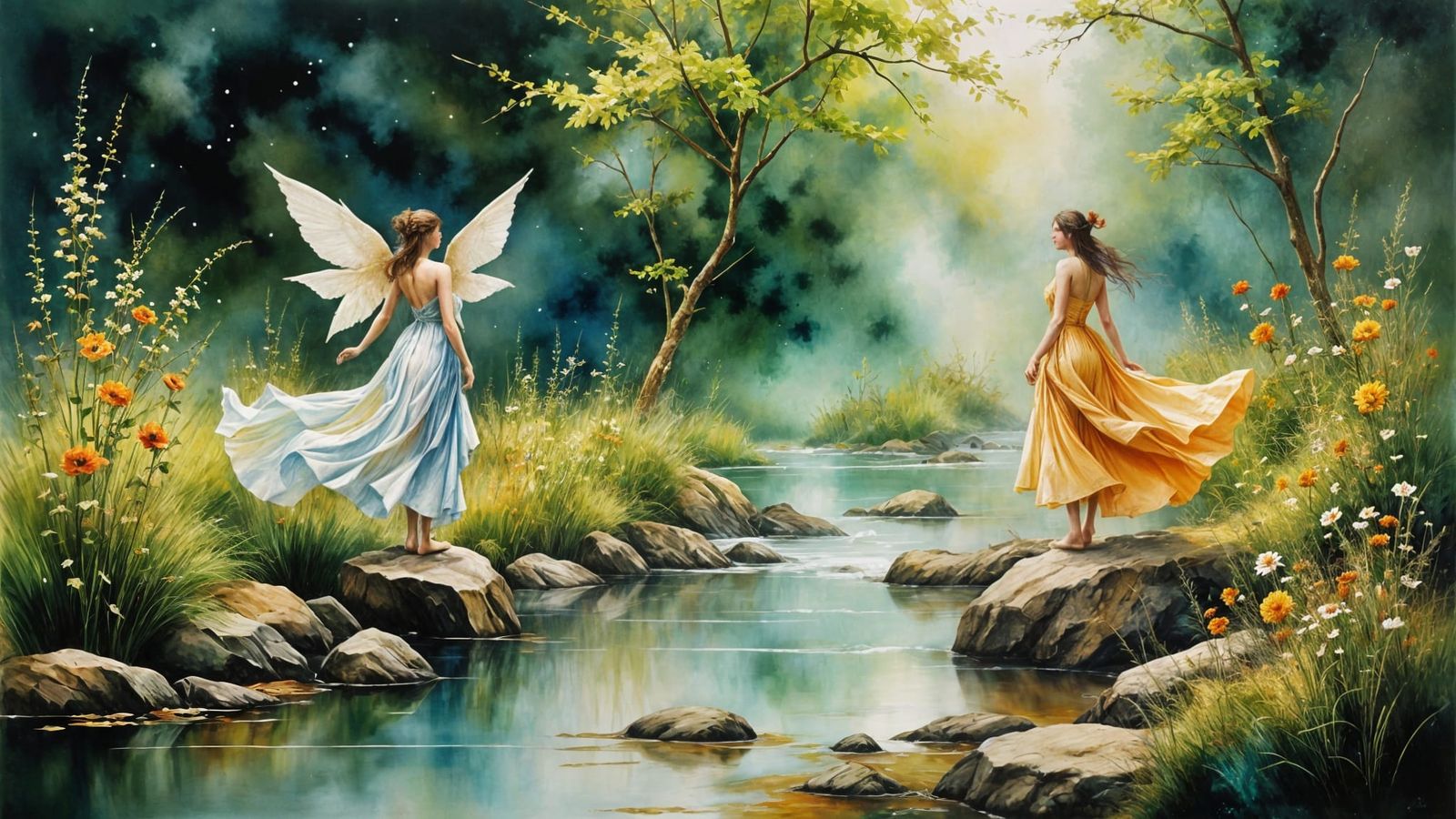 Elves Soar Over the River in a Dreamy Pre-Raphaelite Landsca...