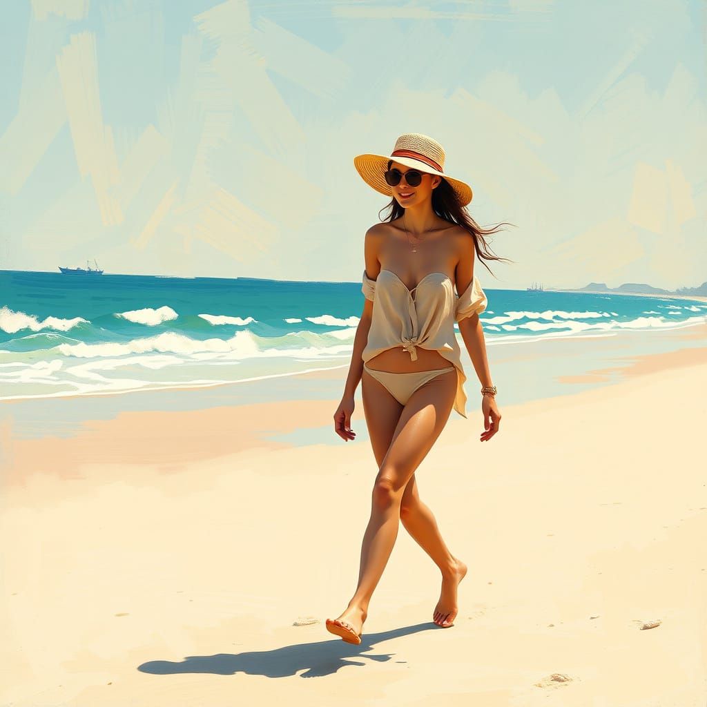 Woman on Beach in Impressionistic Style