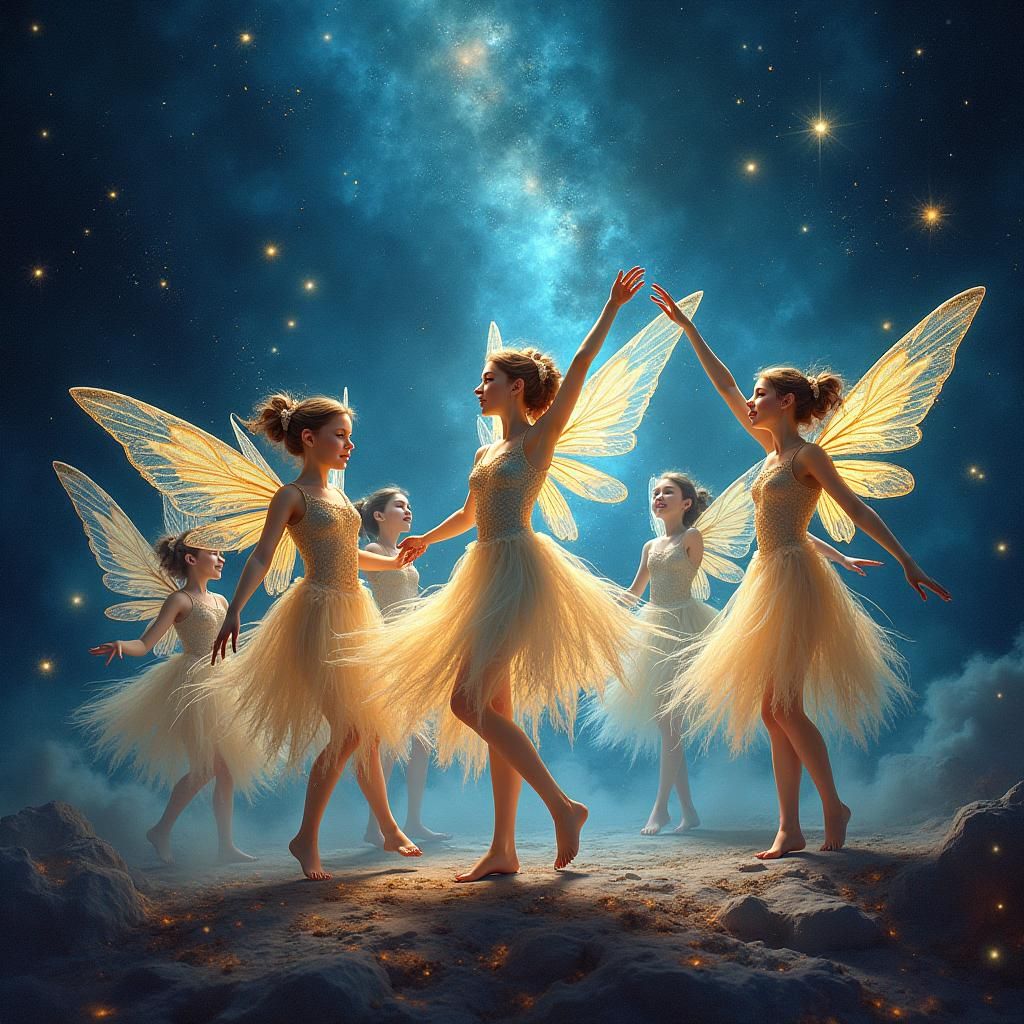 Fairies Dancing in a Cosmic Sky, Dreamlike Art