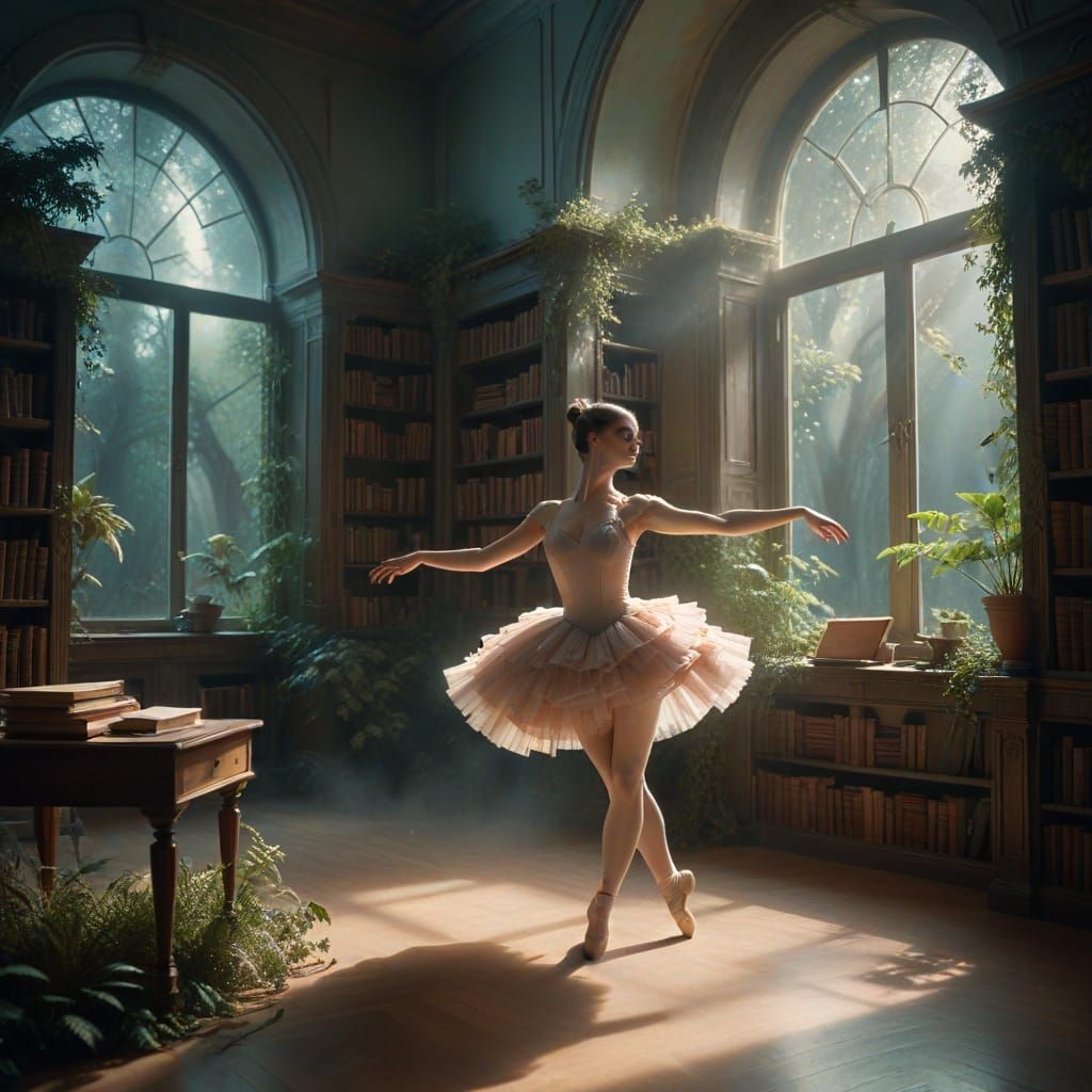 Ballerina Pirouettes in Moonlit Abandoned Library
