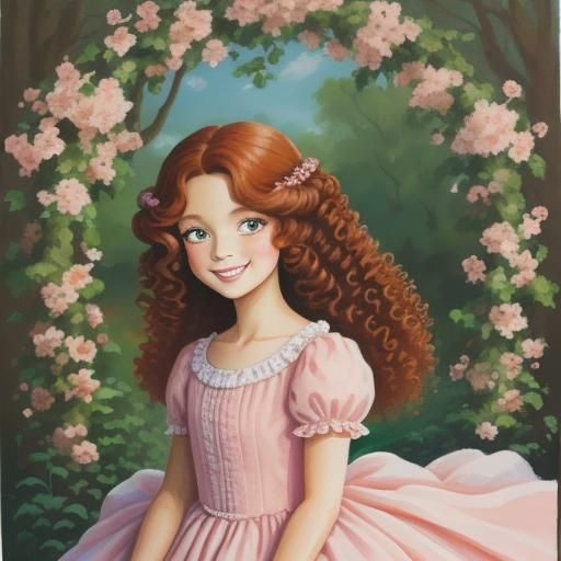 Smiling Girl in Pink Gown: Gouache Painting