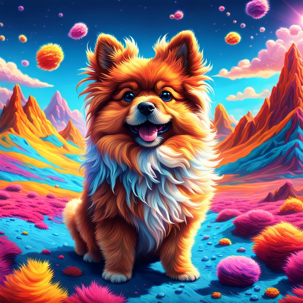 Fluffy Koosh Dog in Wind, Detailed Digital Painting