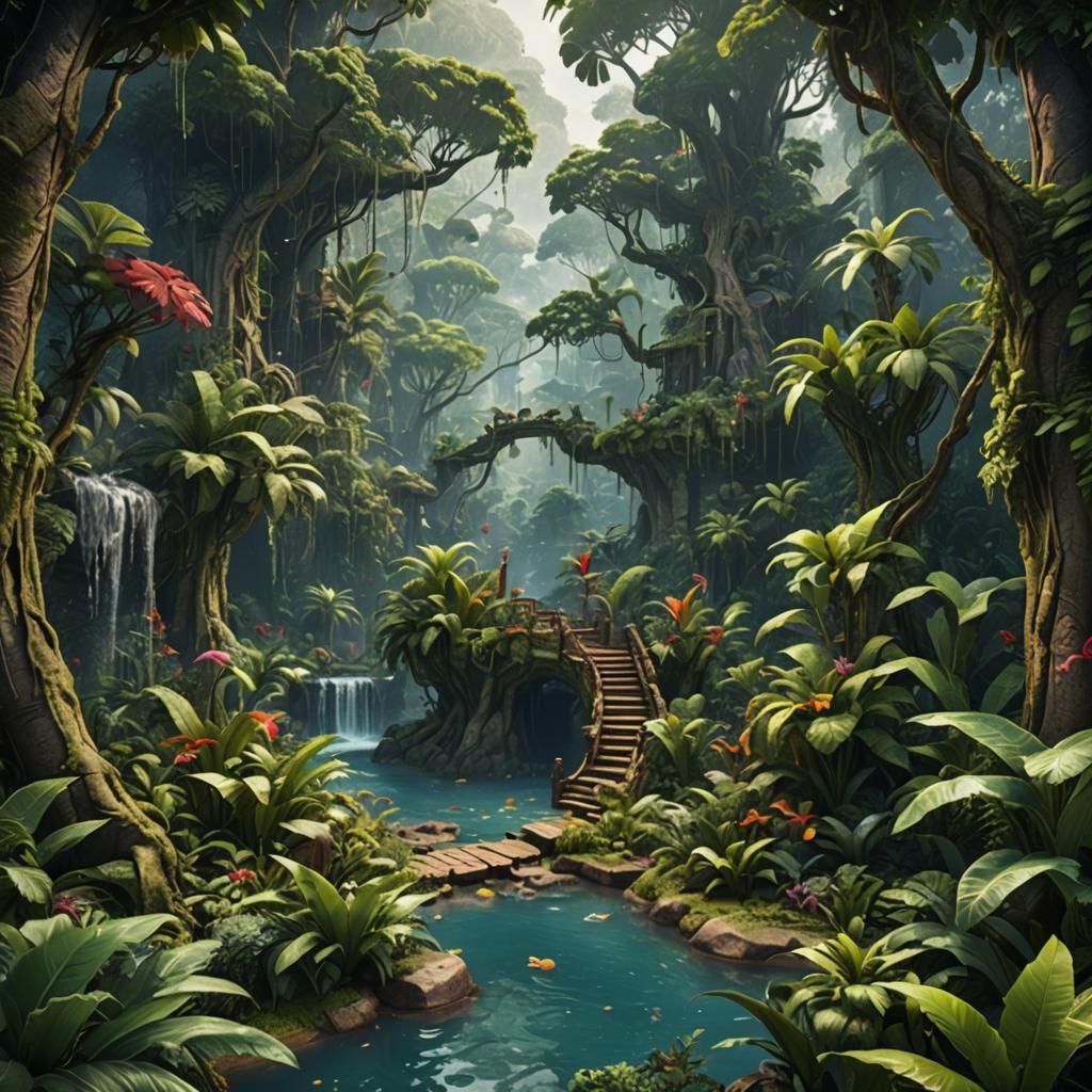 Lush Jungle Paradise: Detailed Fantasy Concept Art