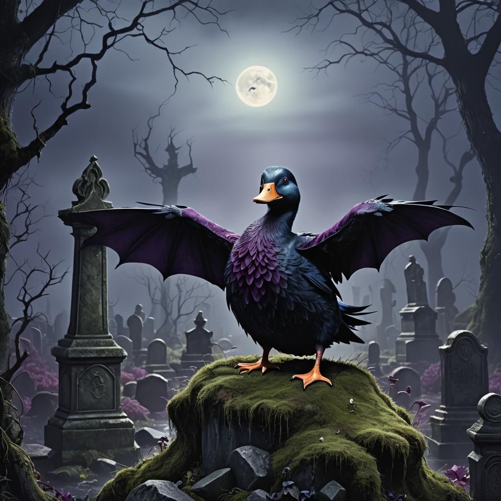 Vampire Duck on Tombstone: Gothic Digital Art