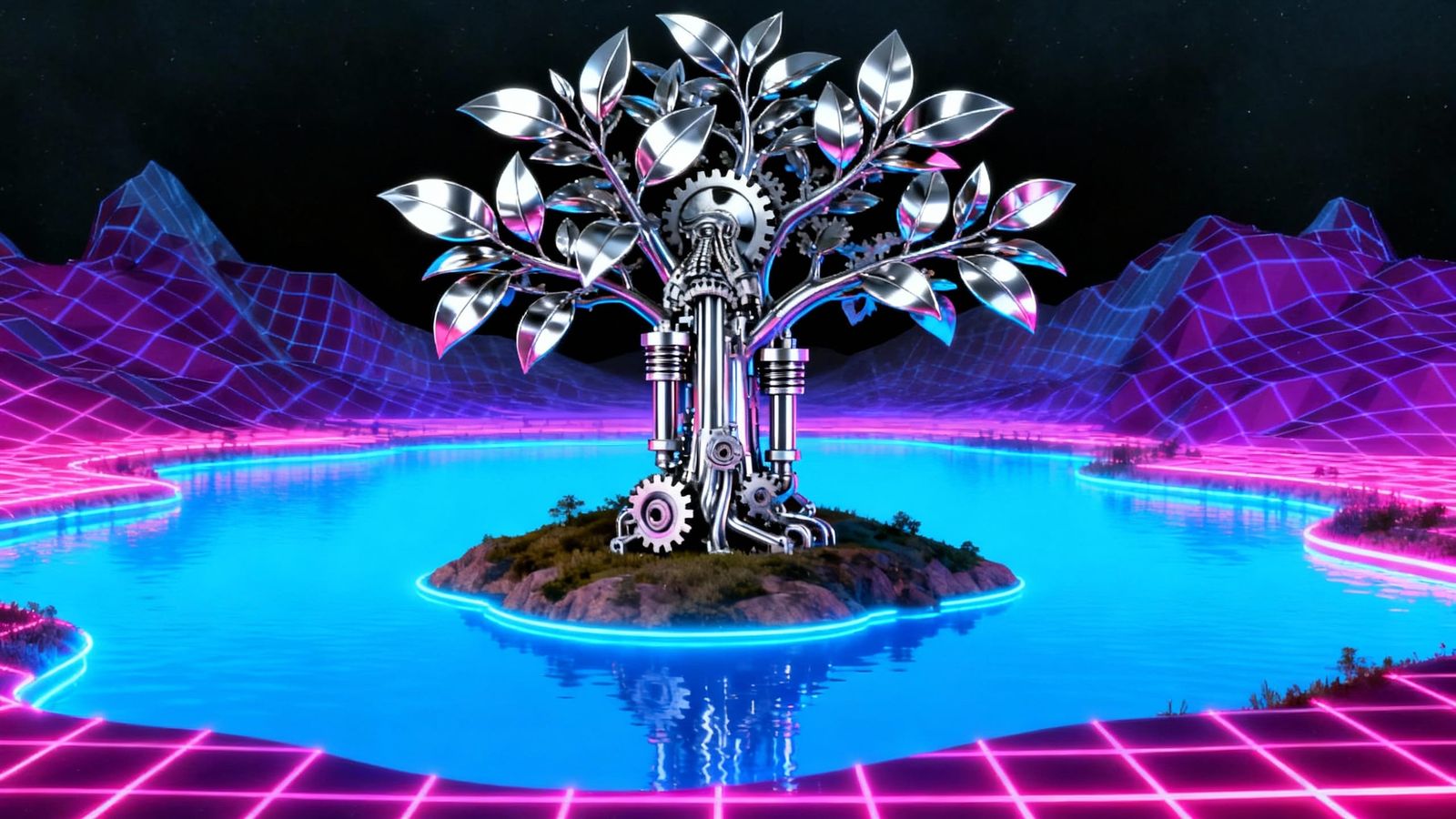 Chrome Mechanical Tree on Neon Island