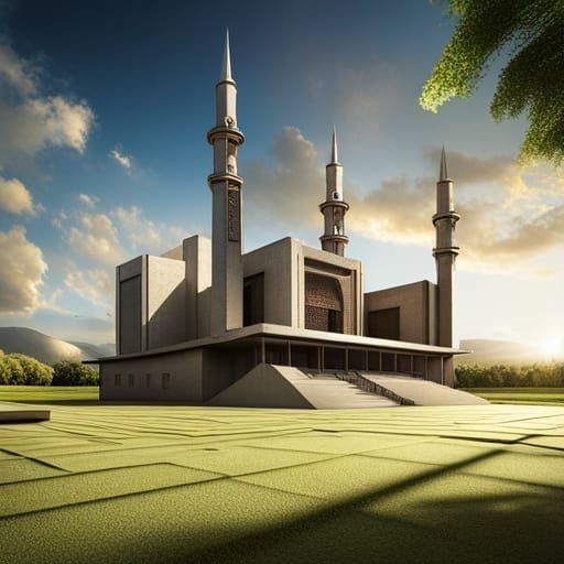 Modern Brutalist Mosque: Hyperrealistic Drone Perspective