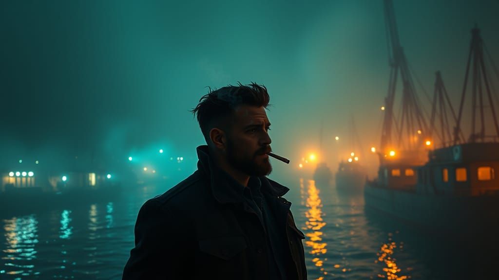 Misty Night Harbor Silhouette in Cinematic Style