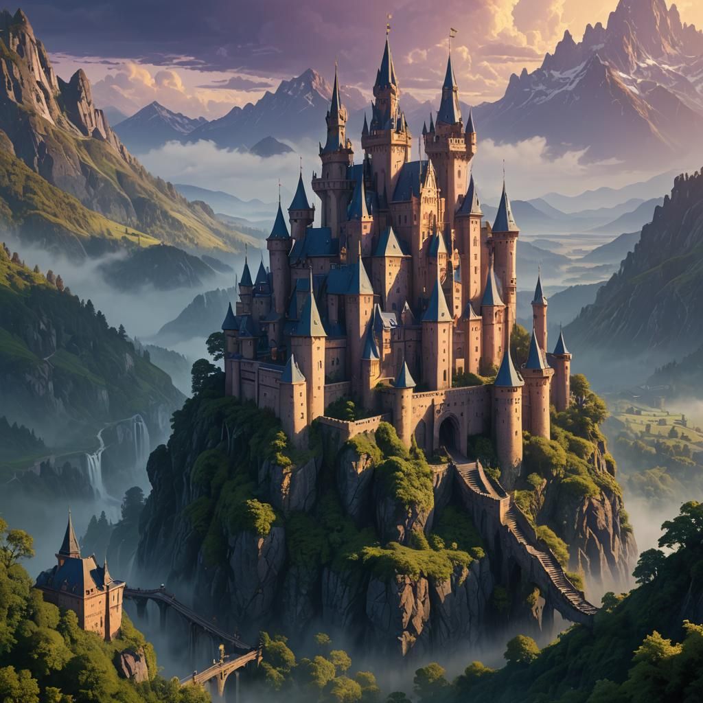 Majestic Castle: Fantasy Matte Painting in Golden Light