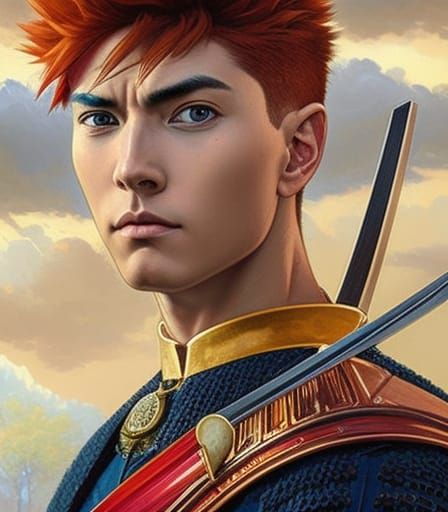 Red-Haired Boy Warrior with Katana, Detailed Portrait