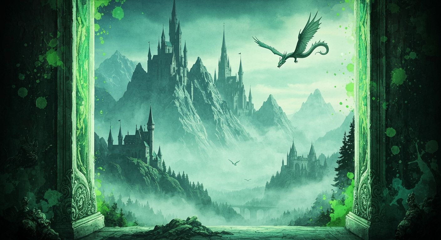Mystical Portal to Fantasy Landscape with Flying Serpent