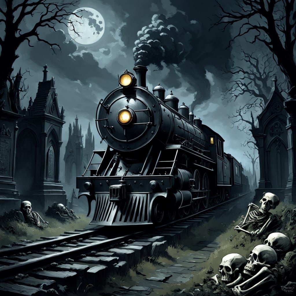 Skeletal Steam Train Haunts Gothic Graveyard in Expressionis...