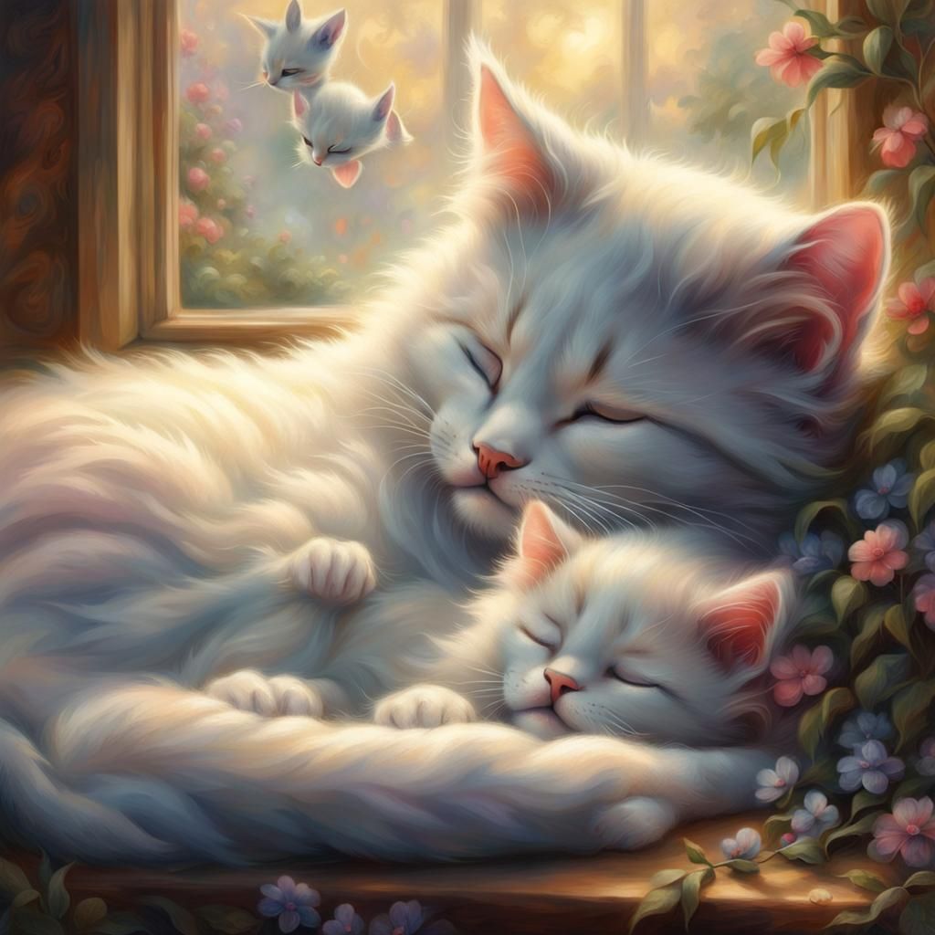 Kitten Sleeping with Mother Cat in Ethereal Style