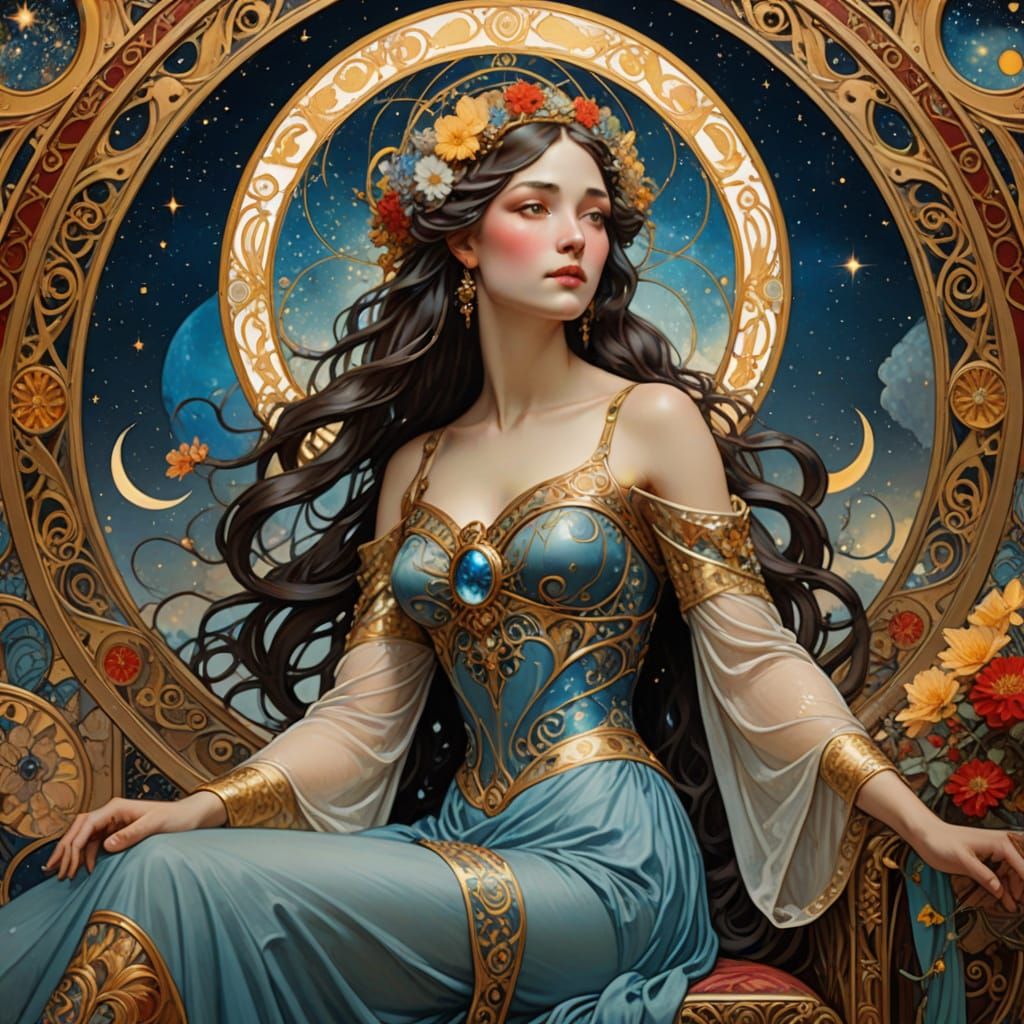 Ethereal Celestial Goddess in Art Nouveau Style