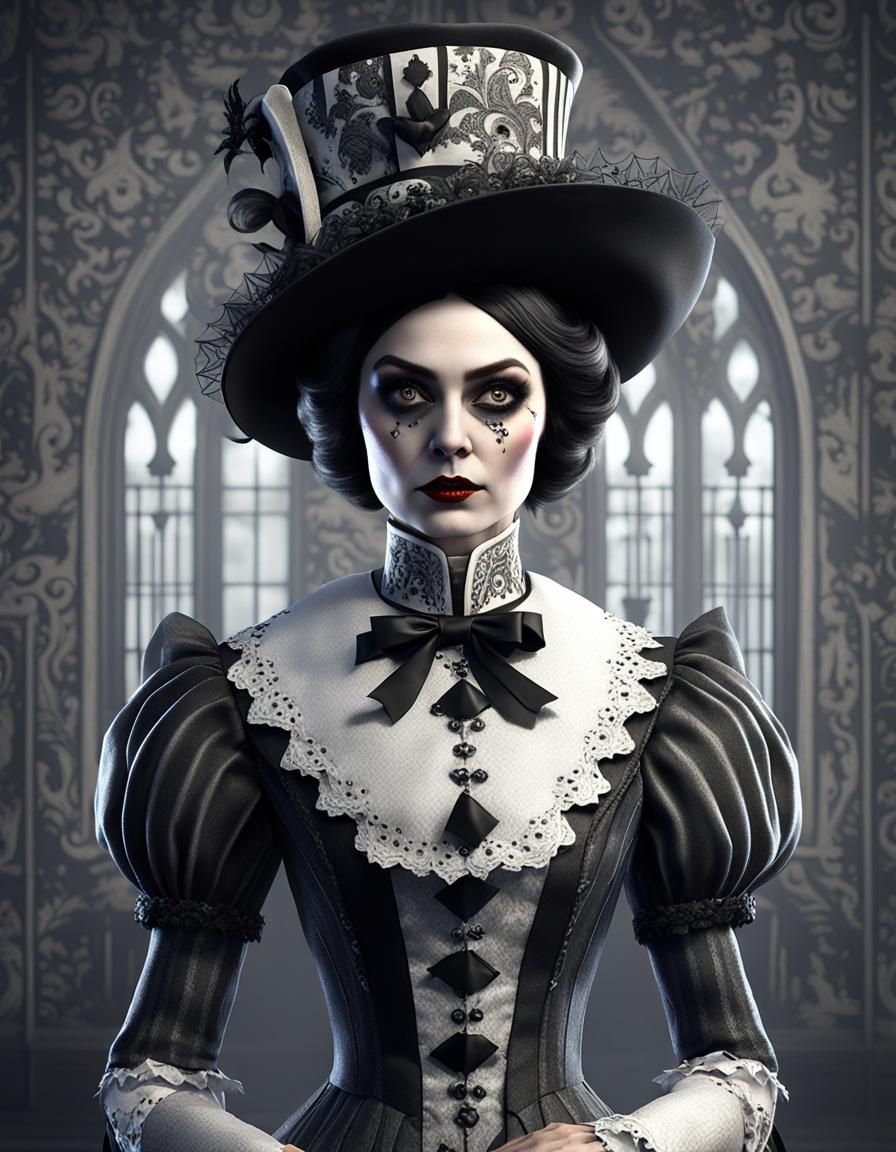 Gothic Spooky Halloween version of a 40 year old Wednesday Adams queen of spades in an elegant