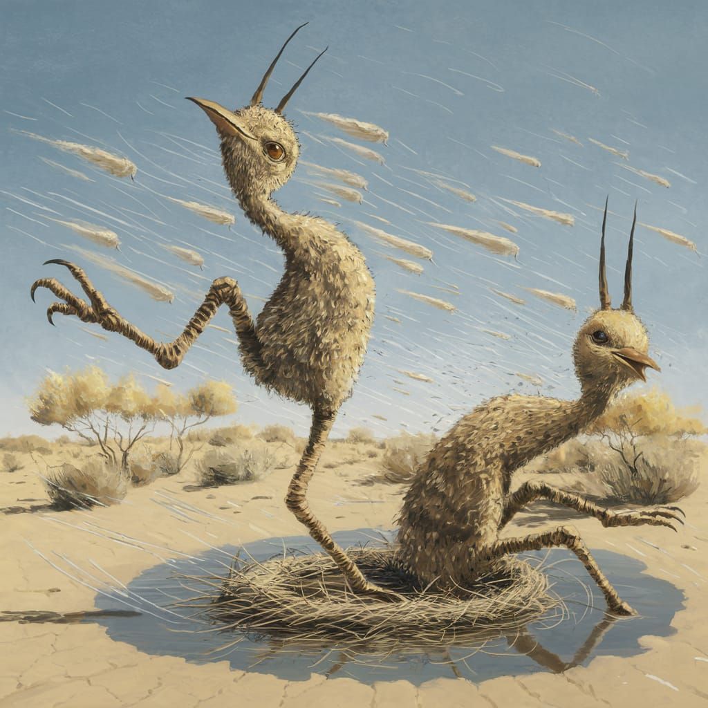 Surrealist Scene of Determined Pelikan Chicks in the Desert