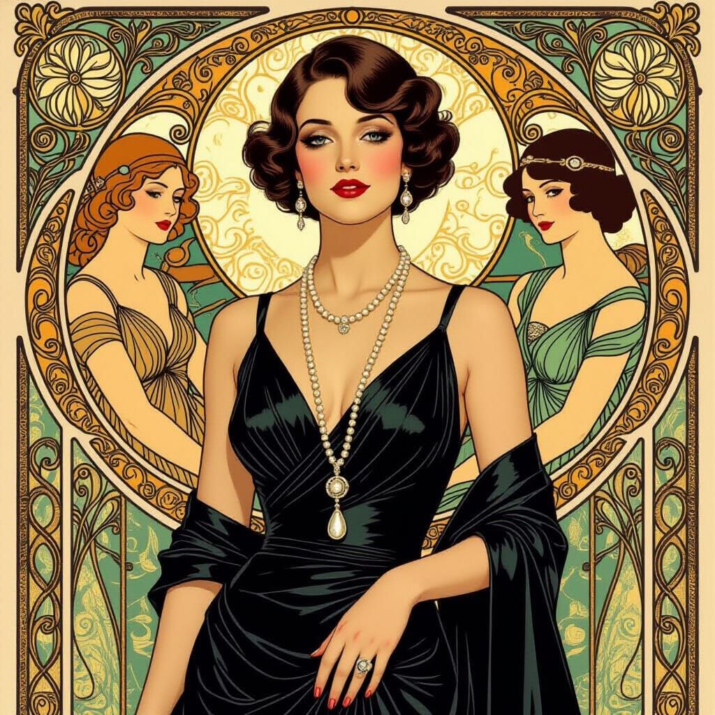 Elegant Woman with Pearls in Art Nouveau Style