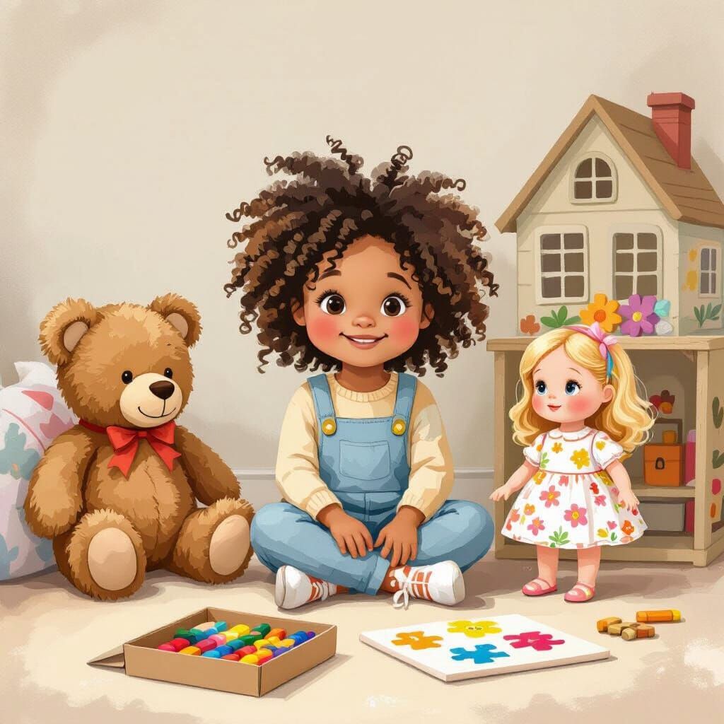 Children's Book Illustration of Girl with Toys in Whimsical ...