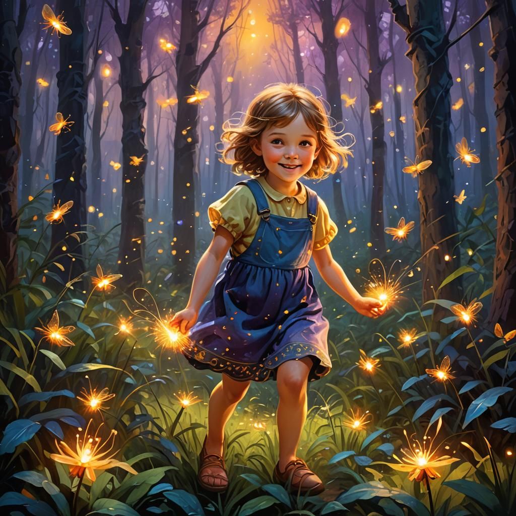 Happy Child Plays with Fireflies in Magical Forest