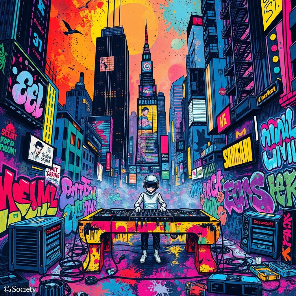 Futuristic DJ Booth Amidst Urban Psychedelic Graffiti