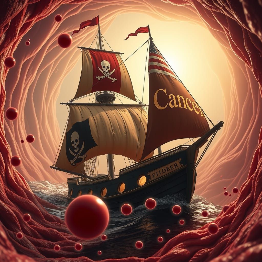 Galleon Sails Through Blood Vessel with "Cancer"