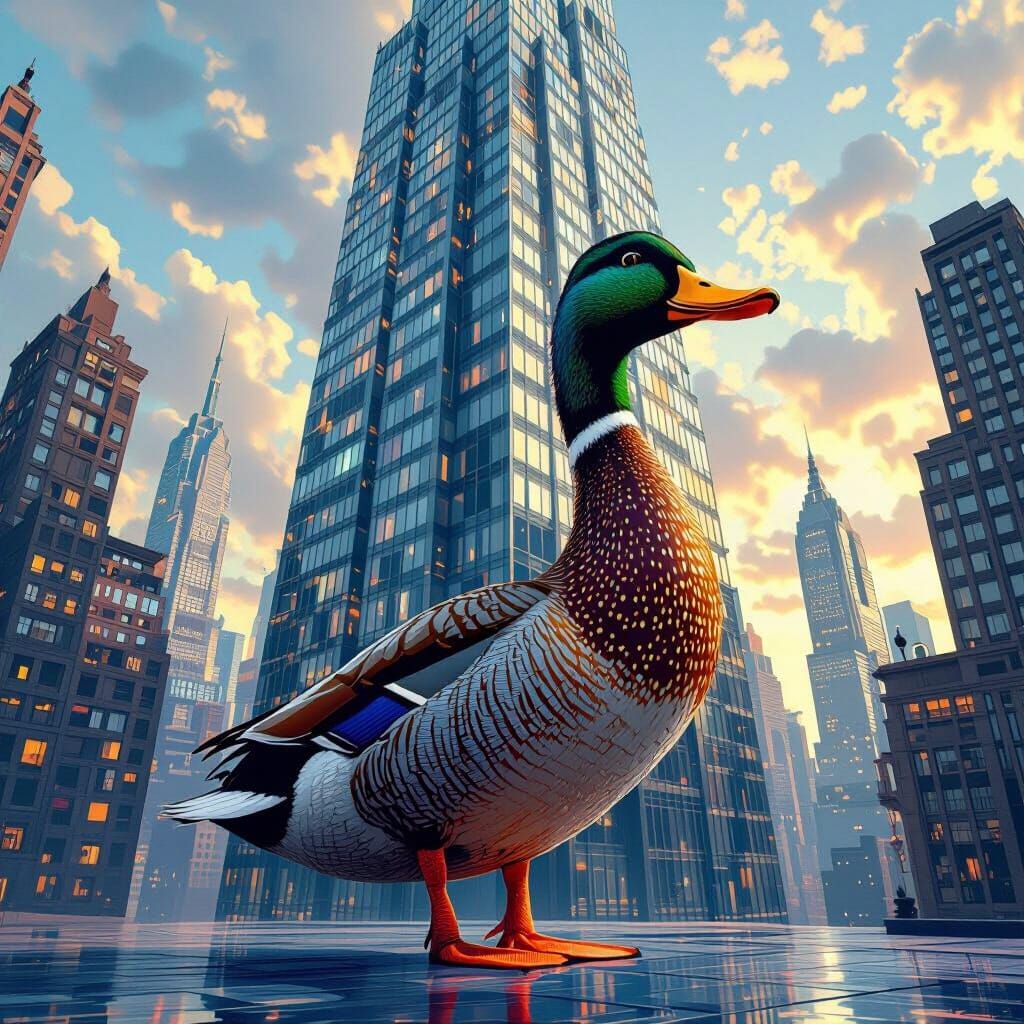 Pointillist Duck in Colossal Skyscraper Art