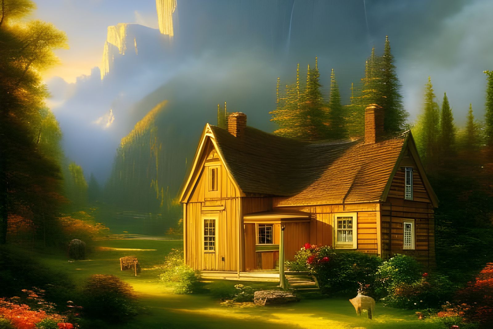 Enchanting Forest Cottage Panorama in Detailed Fantasy Art