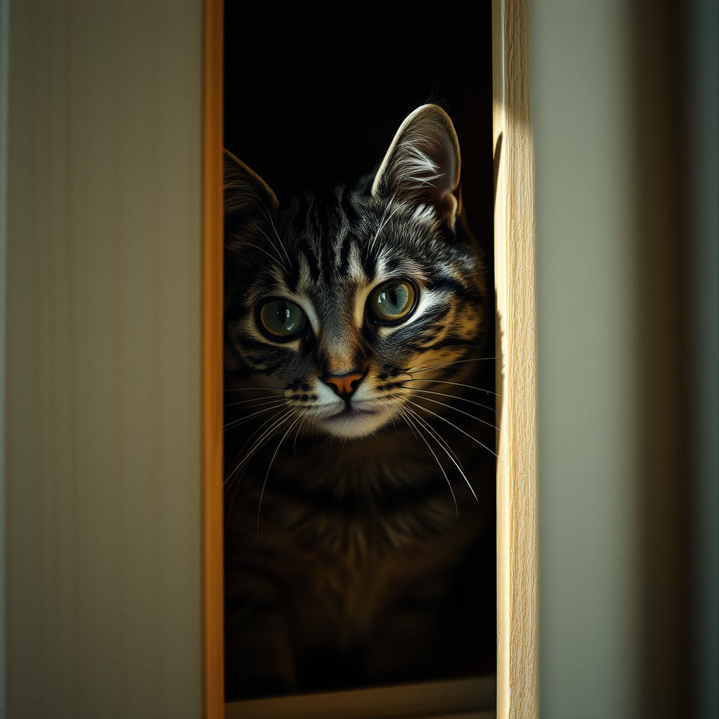 Grey Tabby Cat Peeks from Kitchen Cupboard in Moody Film Noi...