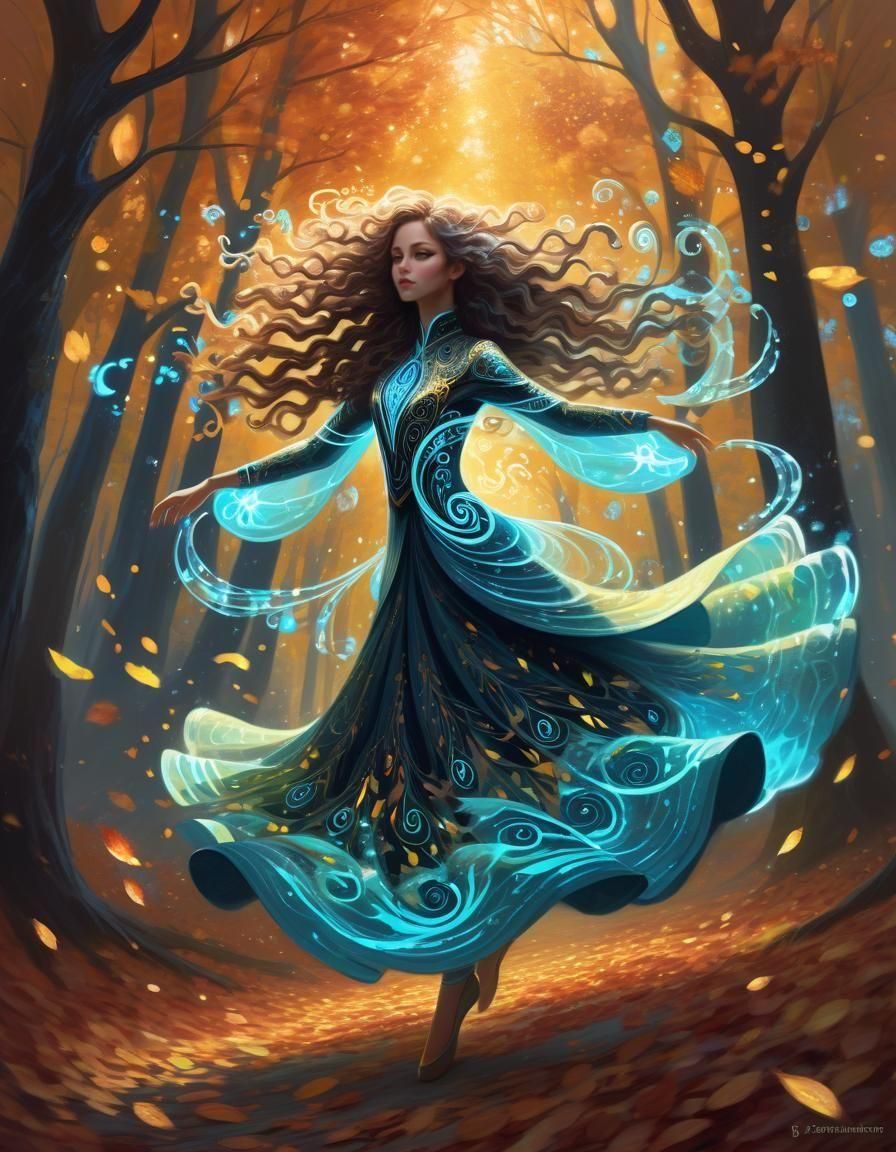 Bioluminescent Fantasy Dancer in Autumn Forest