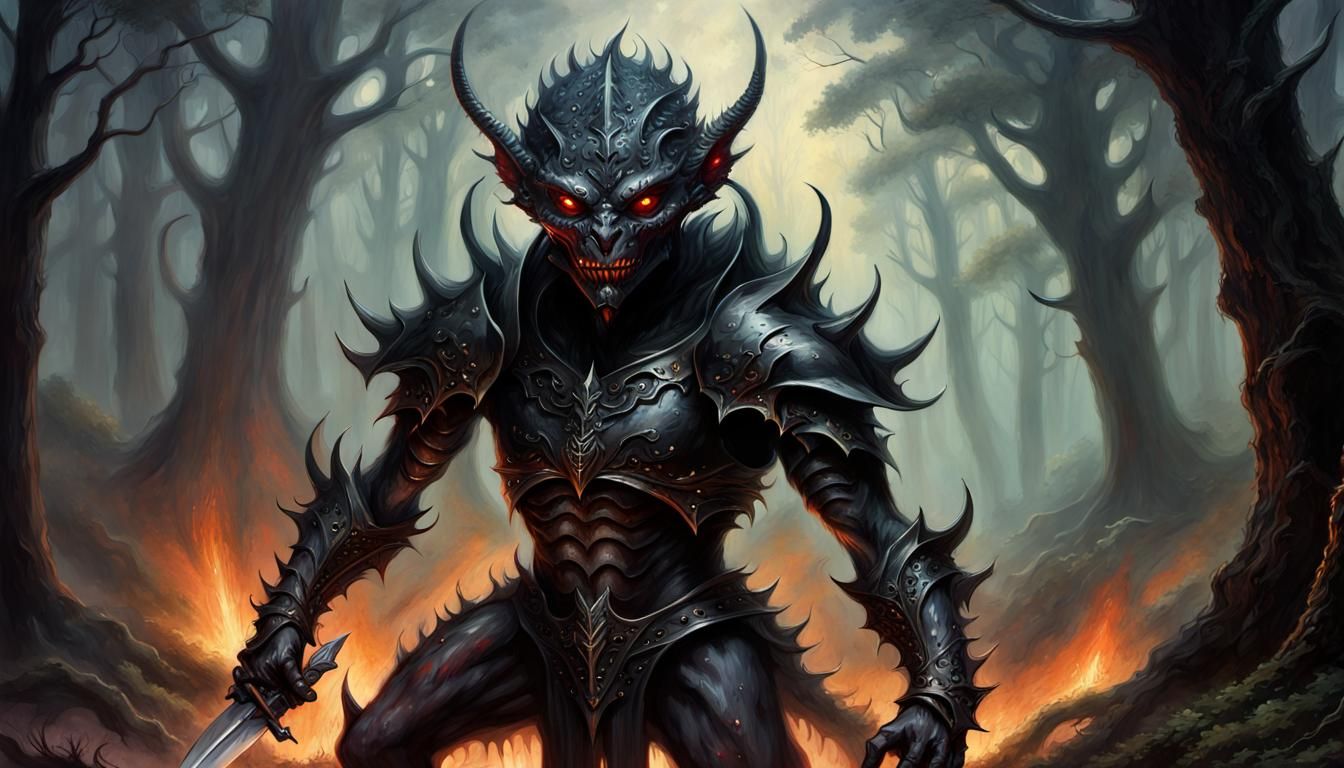 Metallic Demon-Kobold Warrior in Ethereal Forest