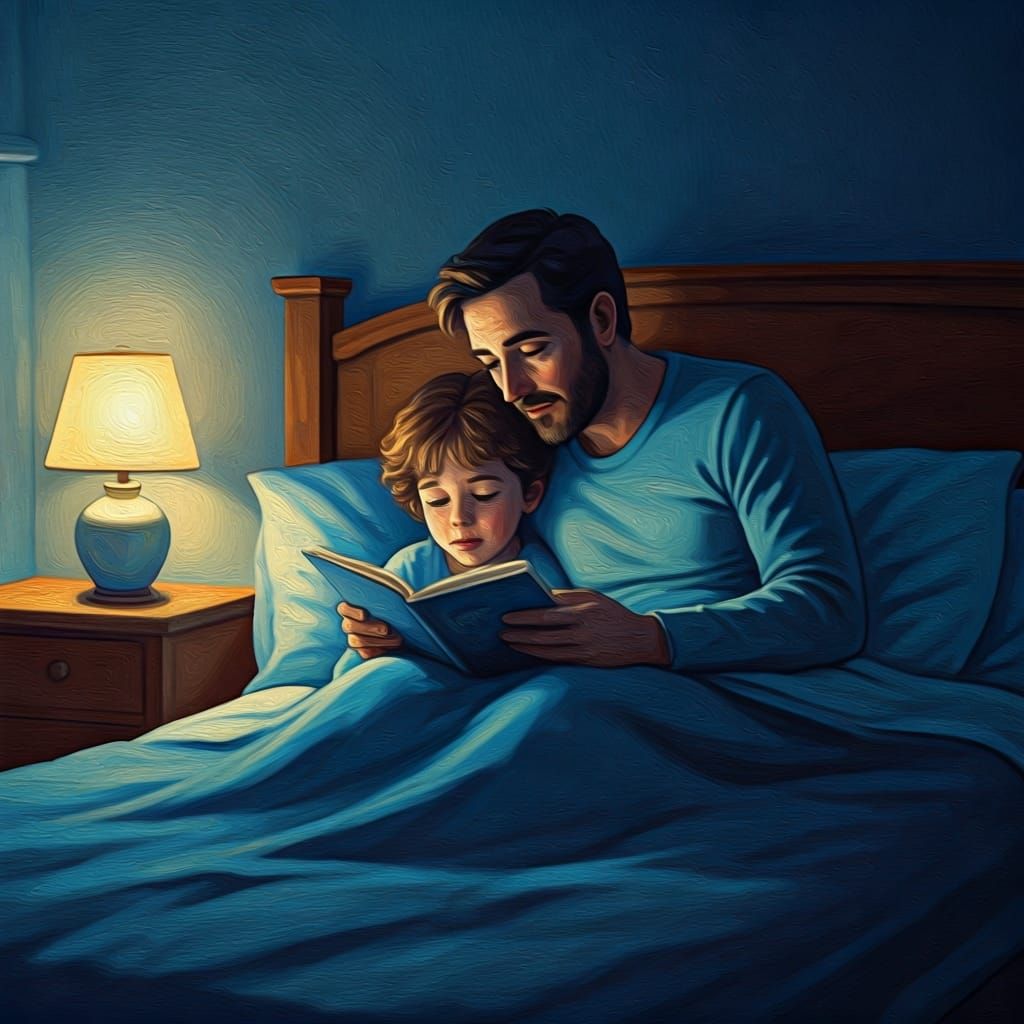 Father and Child Reading, Impressionistic Bedtime Scene