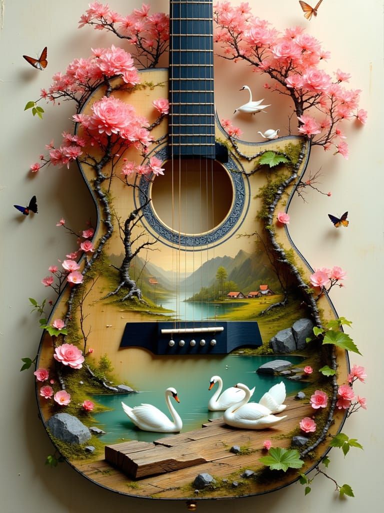 Acoustic Guitar Diorama with Cherry Blossoms and Swans