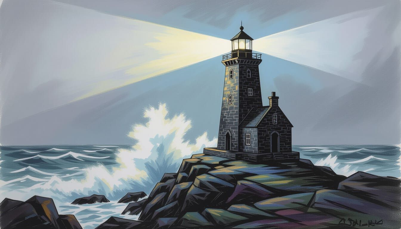 Gothic Triangle Lighthouse in Stormy Seas Oil Pastel Art