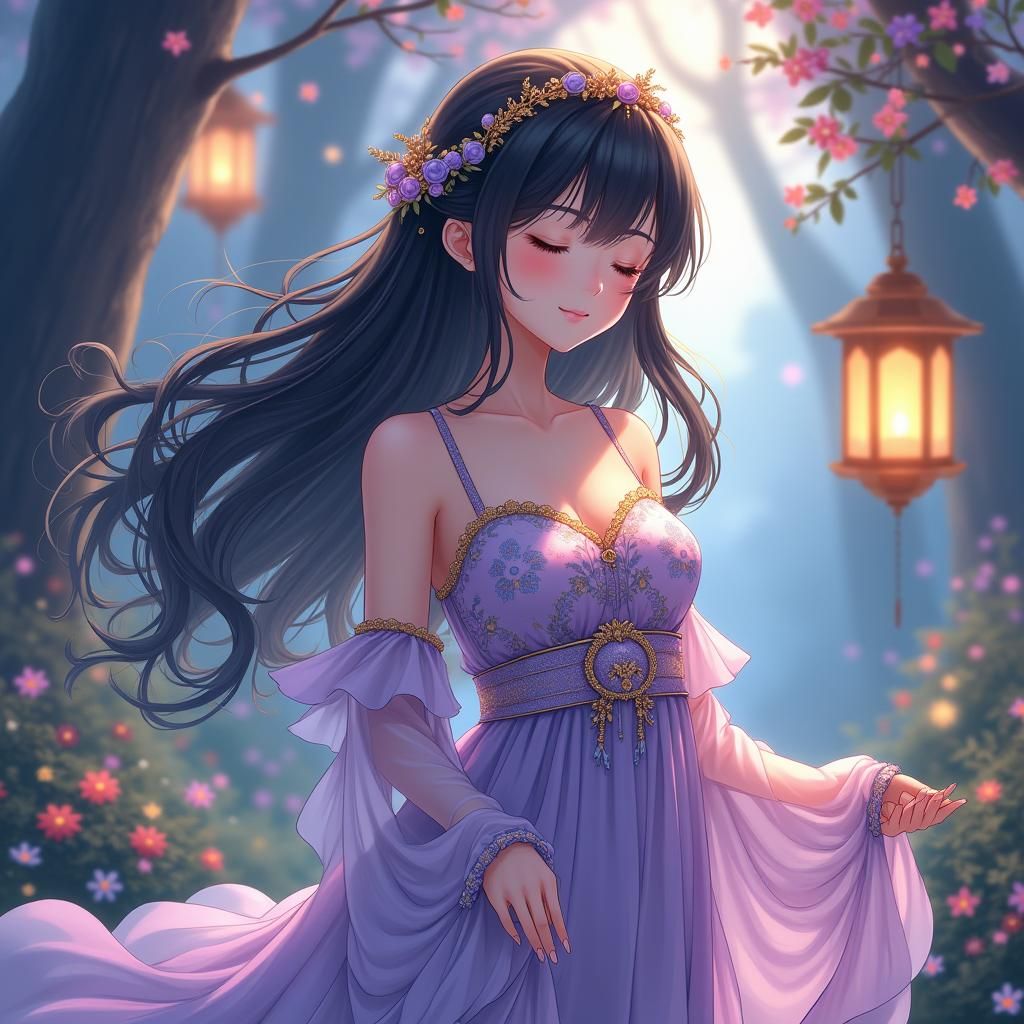 Anime Girl in Mystical Realm with Floral Dress