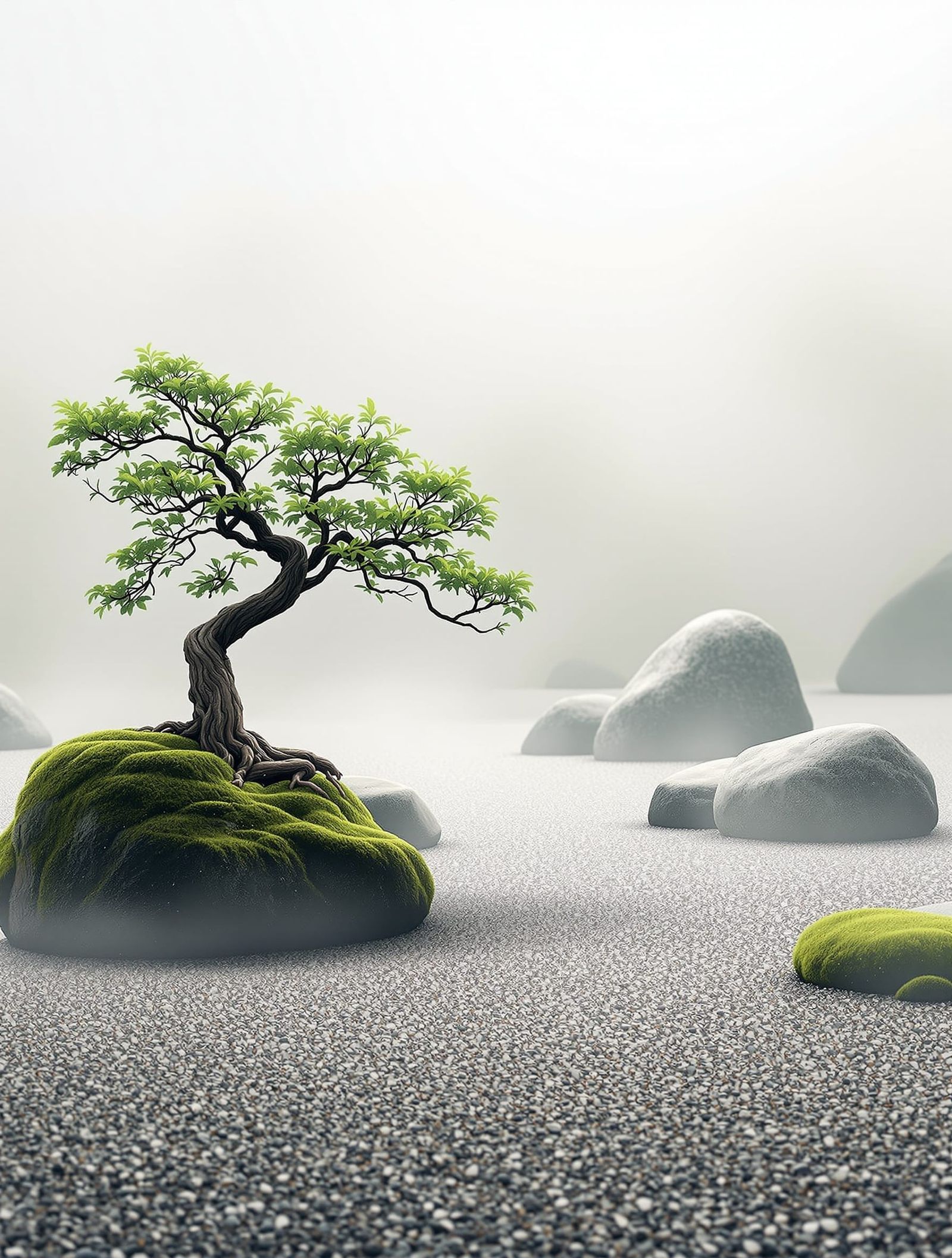Minimalist Zen Garden with Bonsai and Raked Gravel