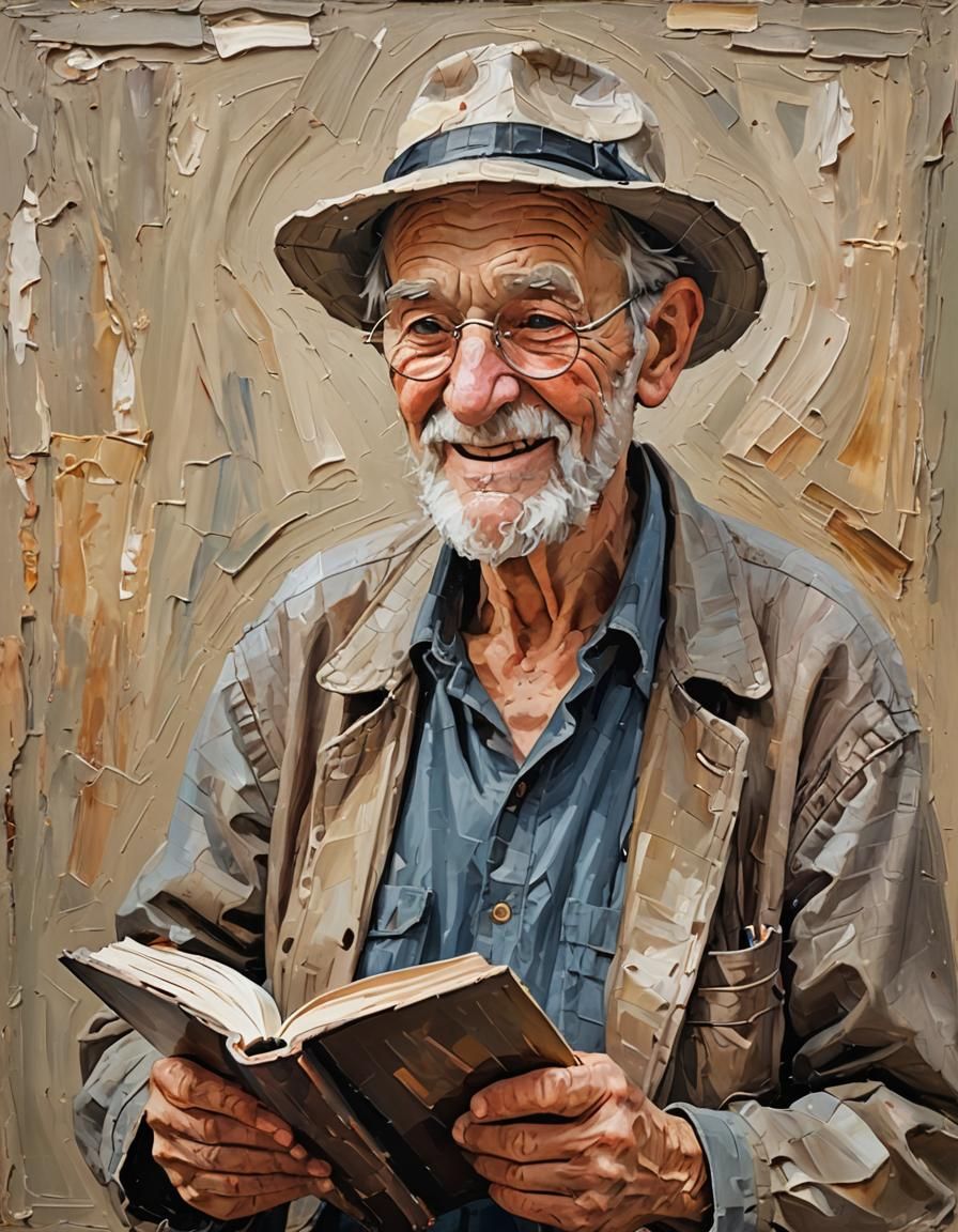 Kind Old Man with Book as Impasto Painting