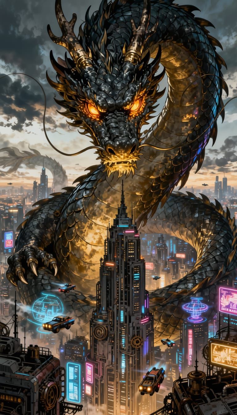 Ancient Dragon Over Cyberpunk City in Anime Style