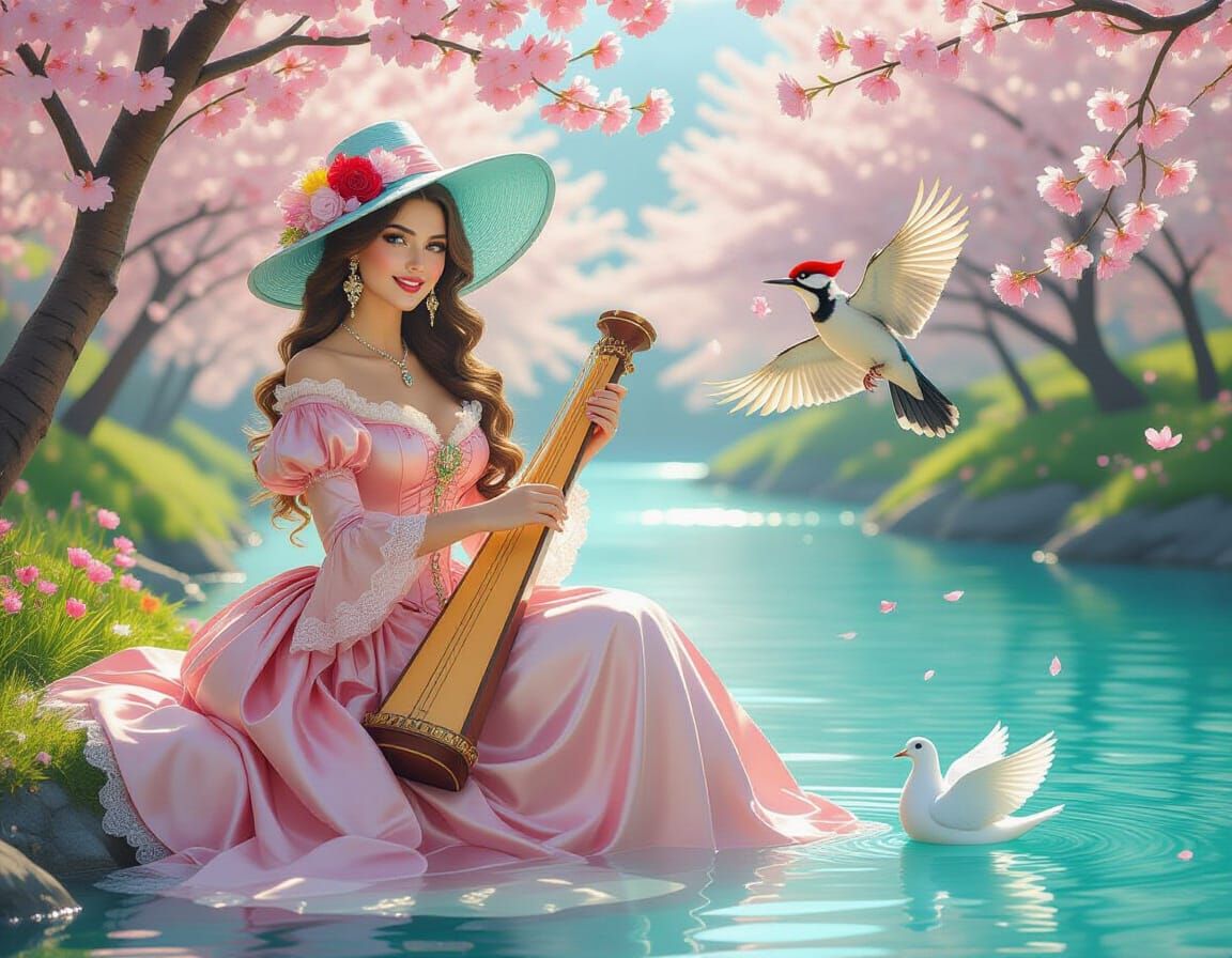 Victorian Princess by River in Oil Painting Style