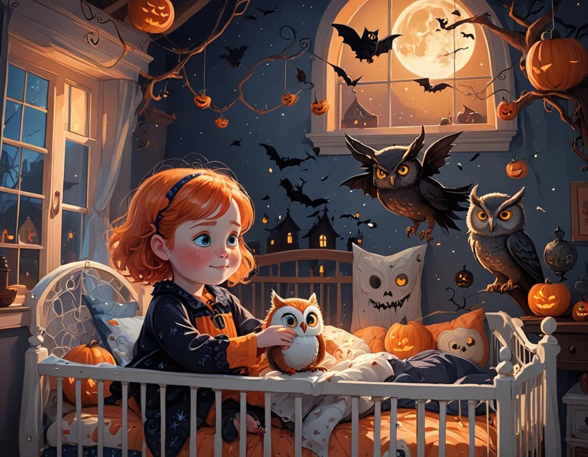 Halloween Witch Girl Watched by Owl: Digital Art